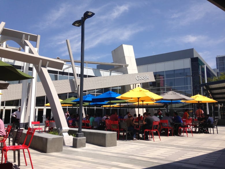 A view of the Google logo from the patio of area of Googleplex between buildings 40 and 43.